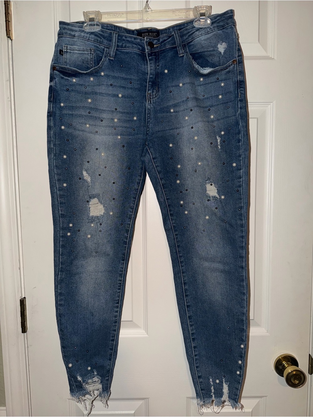 Judy Blue Distressed Blue Ankle Jeans with Pearl & Stud Accents